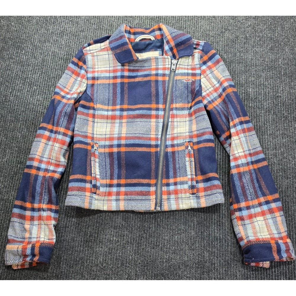 Hollister Moto Jacket Womens Medium Blue Orange Excellent Plaid Wool Blend Zip